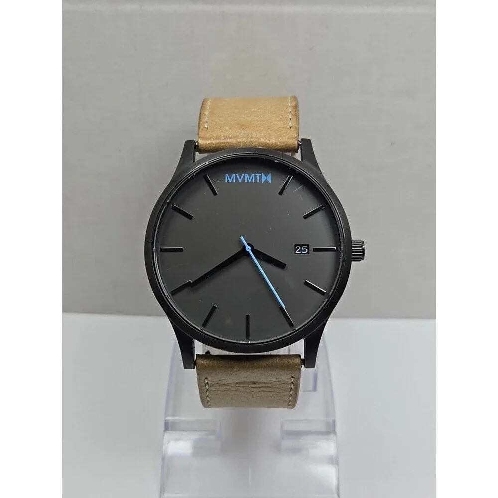 MVMT Classic Watch Gray Dial Tan Leather Date Quartz New Battery 45mm Mens